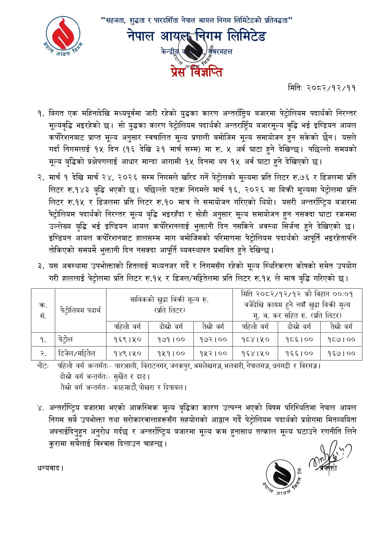 पेट्रोल, डिजेल र मट्टीतेलको मूल्य बढ्यो