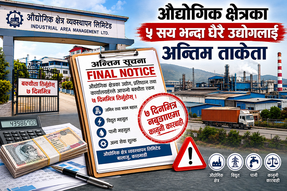 औद्योगिक क्षेत्रका उद्योगले ७ दिनभित्र बक्यौता नतिरे सम्झौता खारेज गर्ने चेतावनी